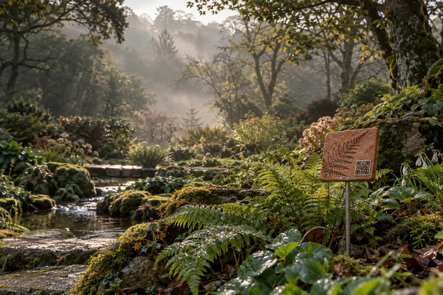 AI concept illustration of a ceramic QR tile beside a misty woodland stream