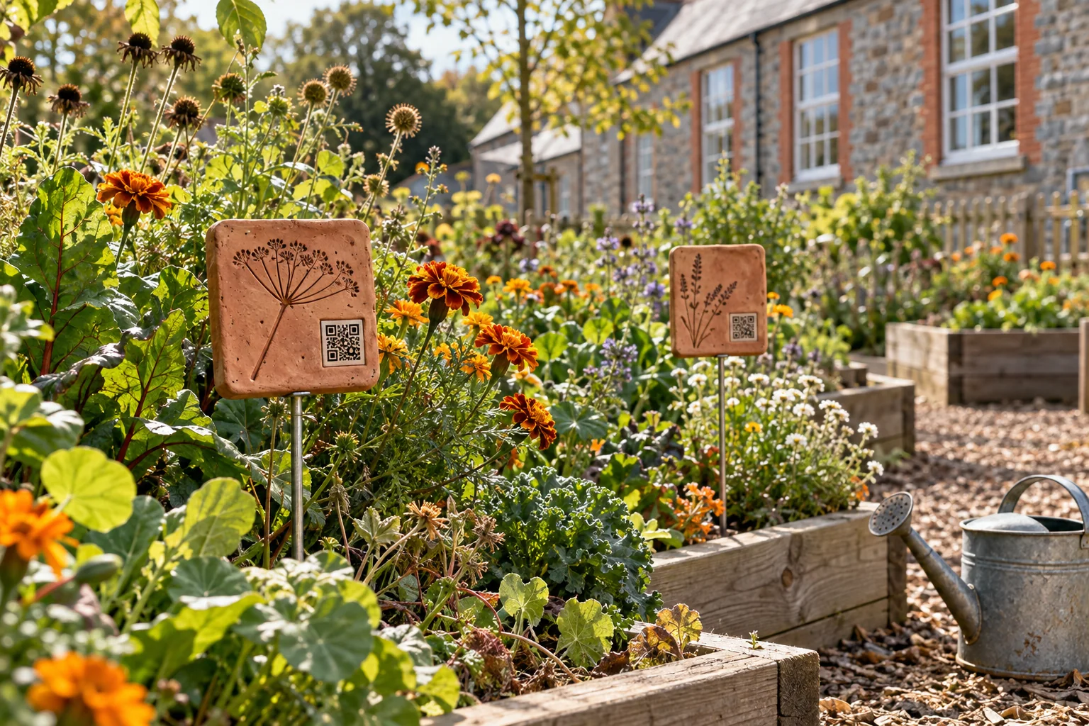 AI concept illustration of ceramic QR tiles among flowers in a school learning garden