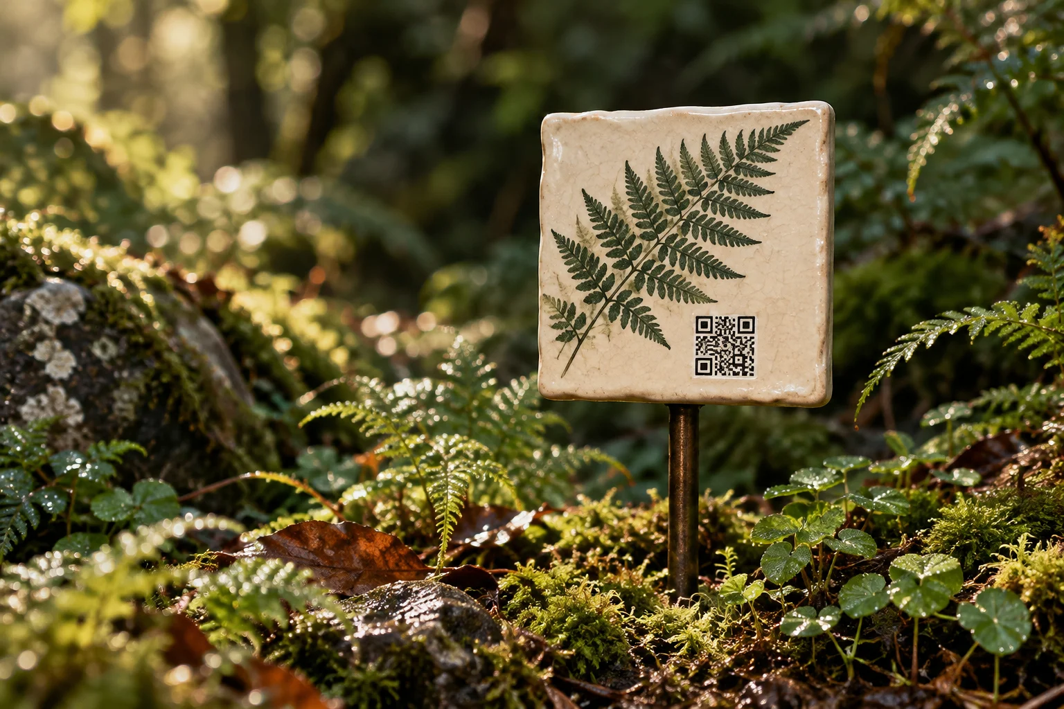 AI design illustration of a hand-crafted ceramic QR tile among ferns and moss